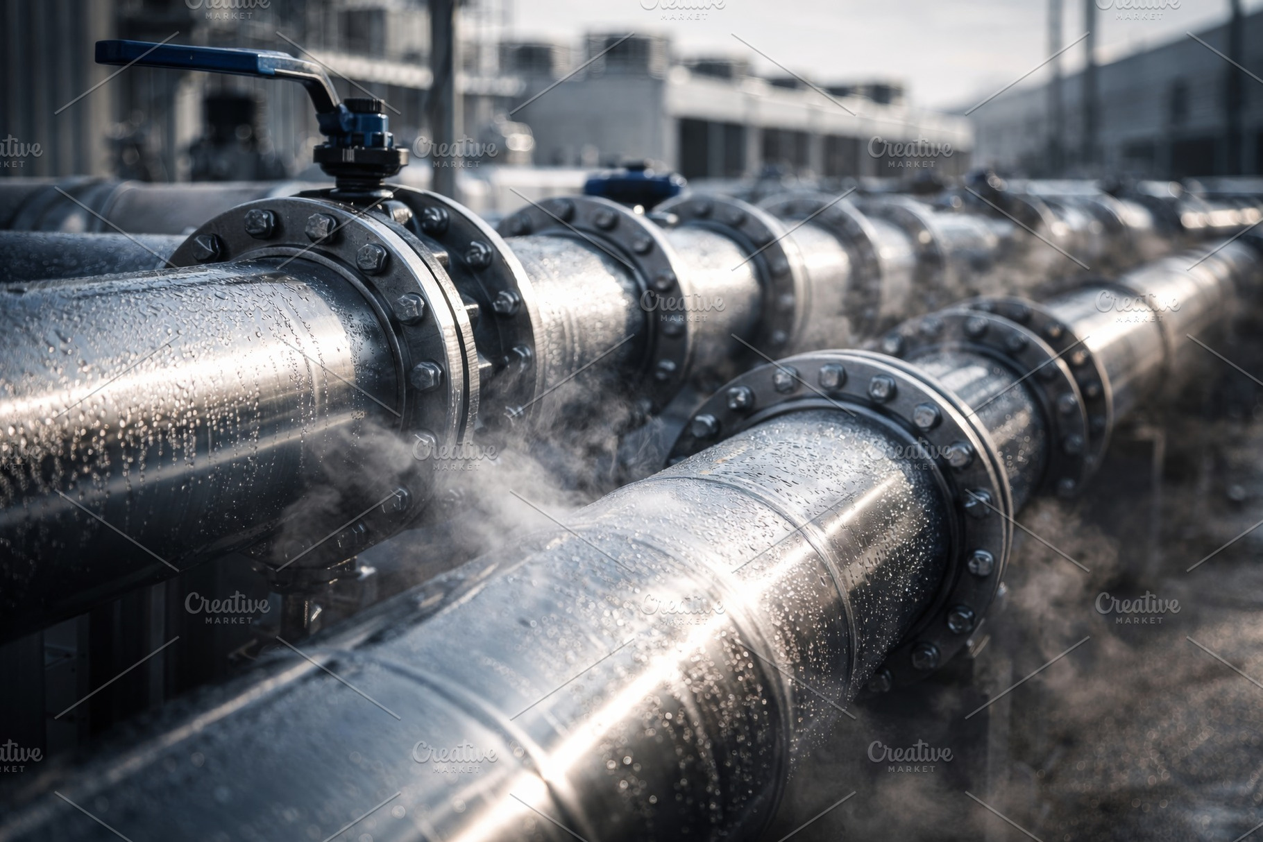 Industrial pipeline with steam and v, a Photo by Dvoevnore photos