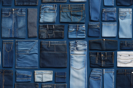 A flat lay arrangement of various denim jeans and shorts in different shades of, a Photo by Textures & Backgrounds