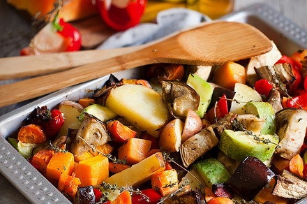 Roasted vegetables featuring food, roasted, and herb