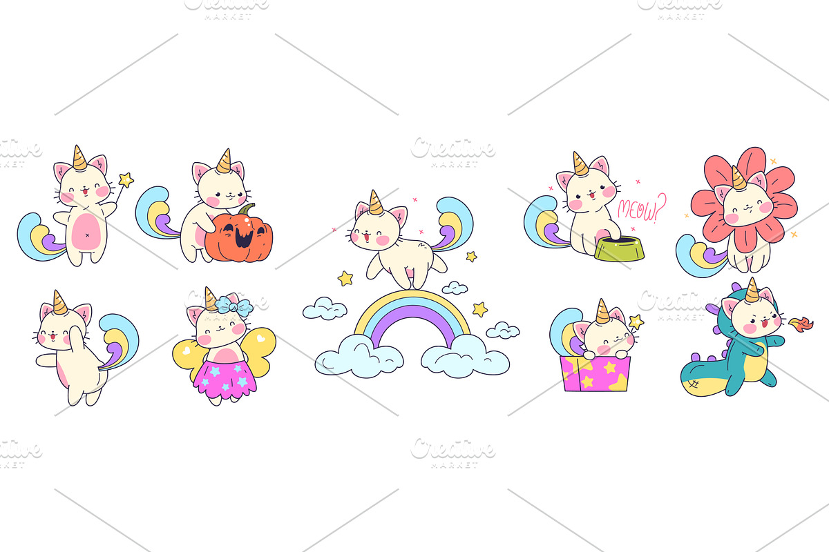 Unicorn cats. Cute caticorn sticker, an Animal Illustration by Stock-Smart-Start