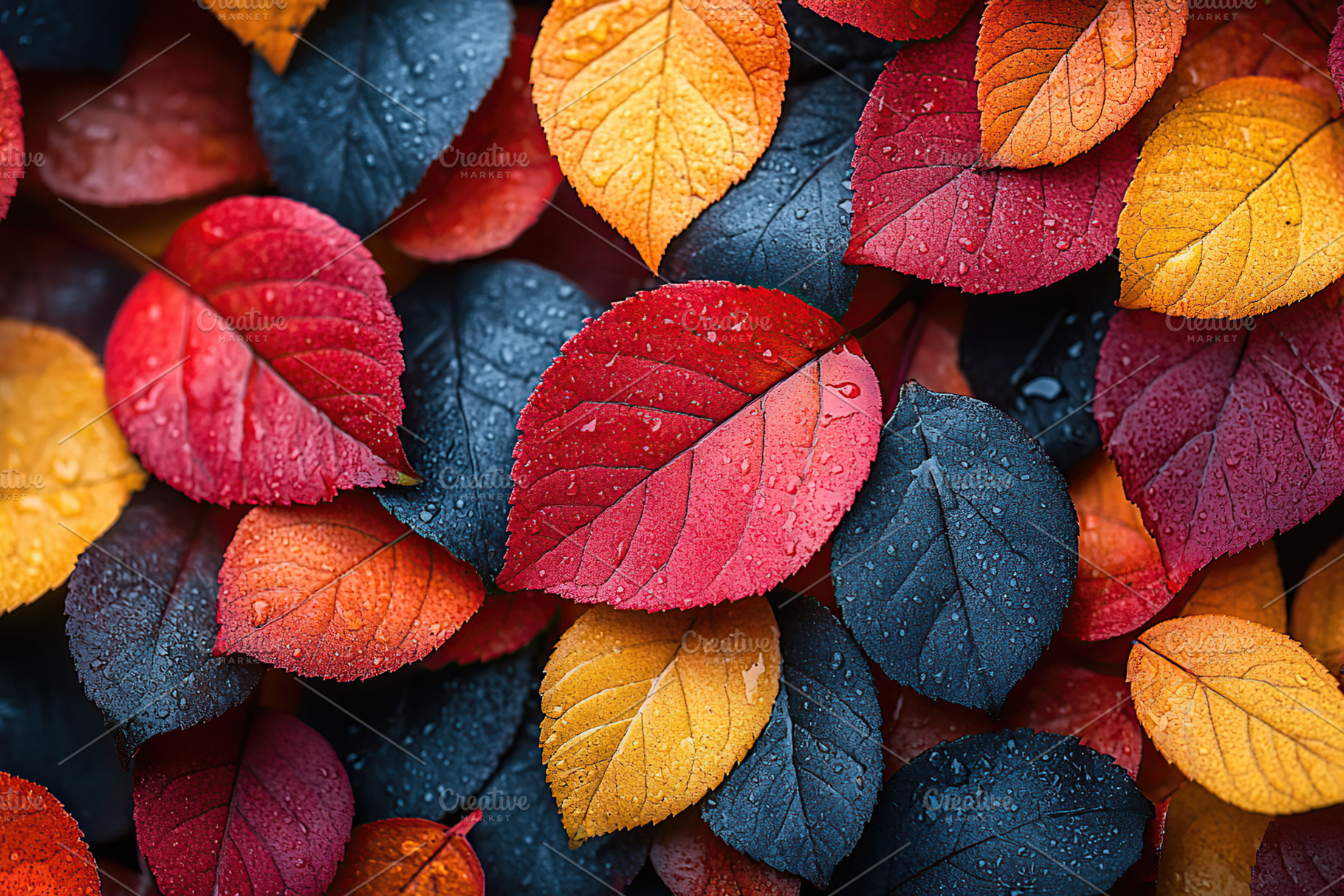 Colorful autumn leaves scattered on a wet surface after rain in a tranquil outd, a Background Photo by AlyaAnd