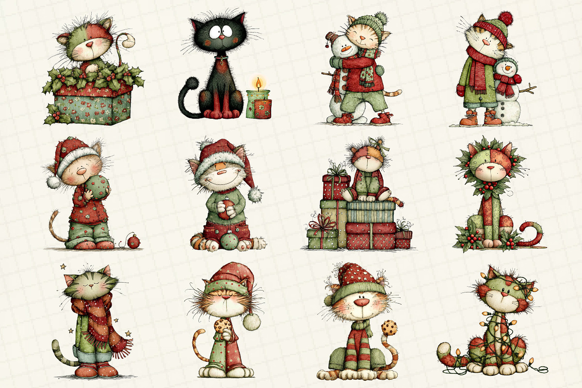 Whimsical Christmas Cat Clipart, an Illustration by DreamCafeArt (Photo 4 of 6)