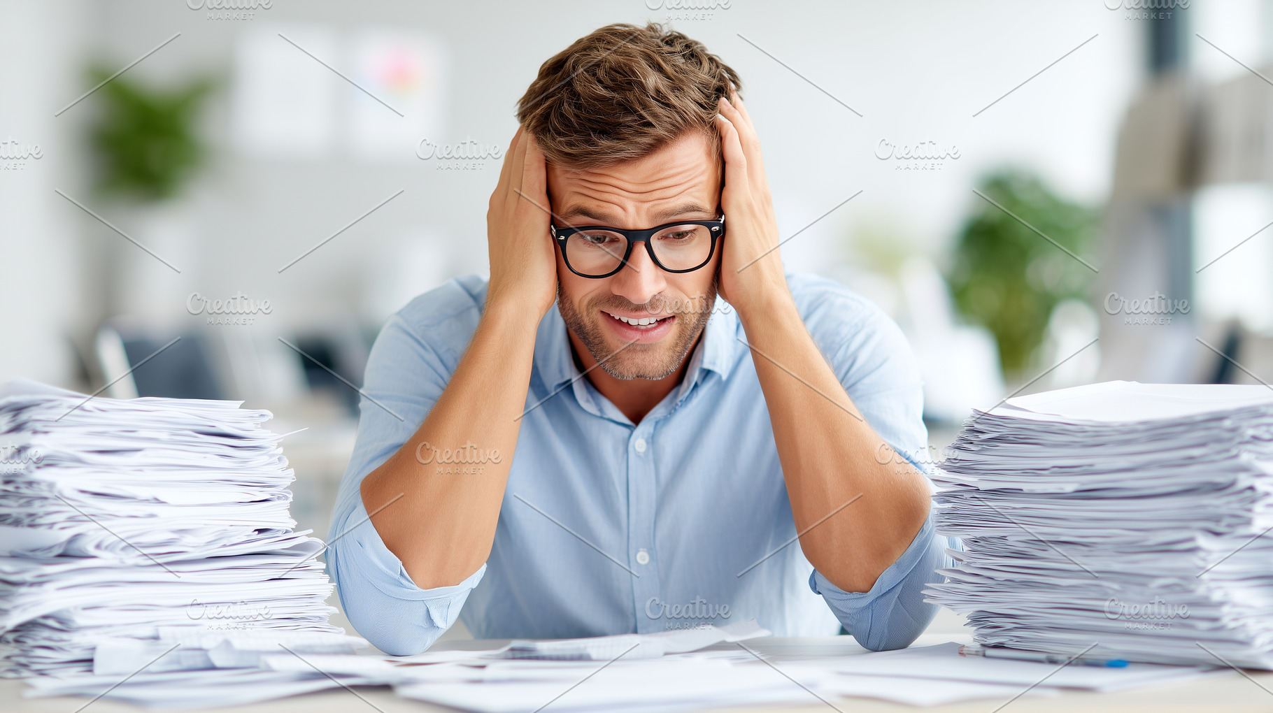 Stressed office worker holding head, a Business Photo by MistyDay