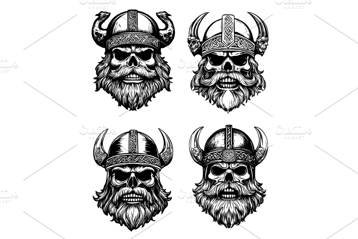 Black ink sketch viking skulls, an Object Illustration by Stock-Smart-Start