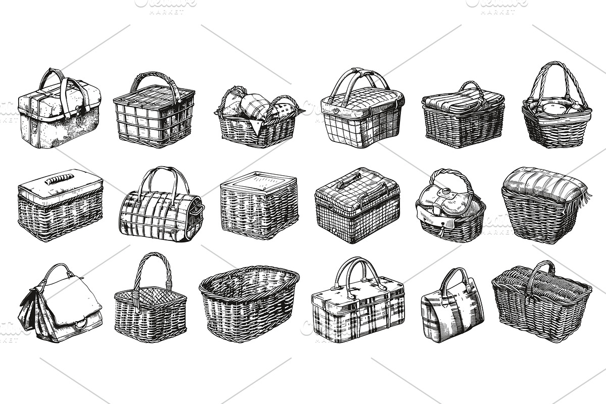 Engraving Style Various Baskets and, an Object Illustration by LadadikArt