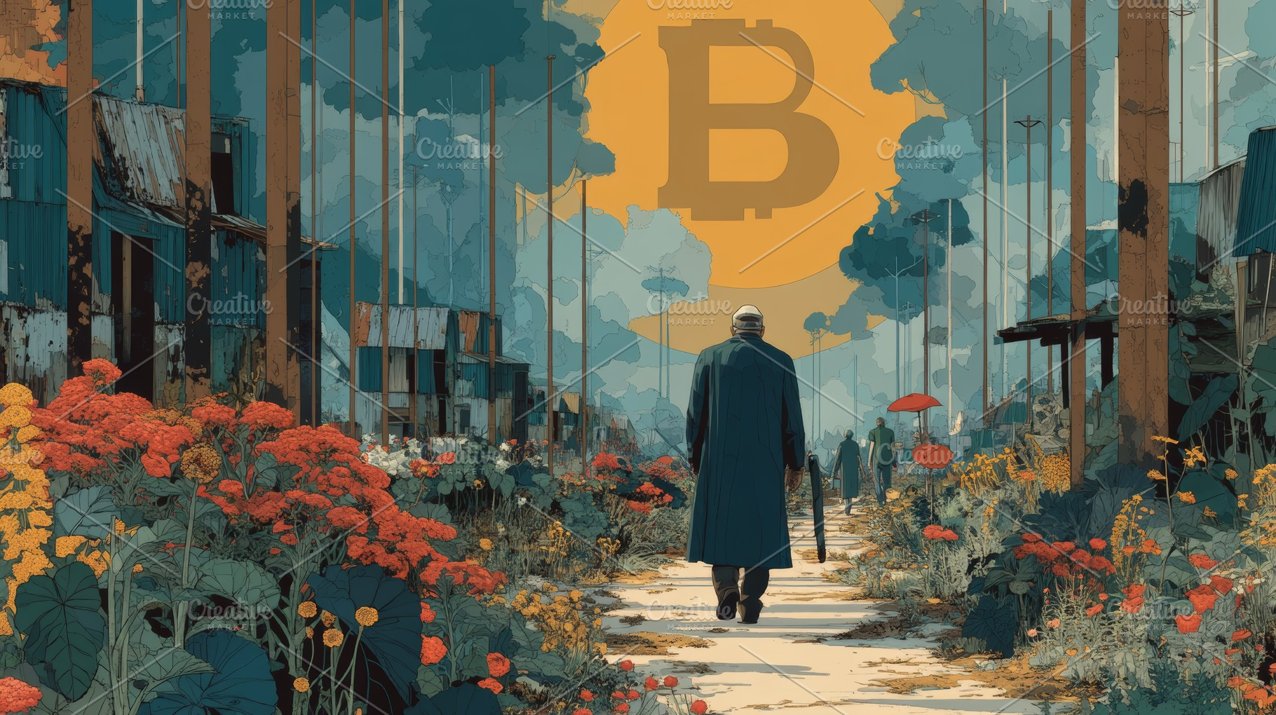 Man walking toward giant Bitcoin sun through overgrown village path, a solitary, a Photo by AS photostudio