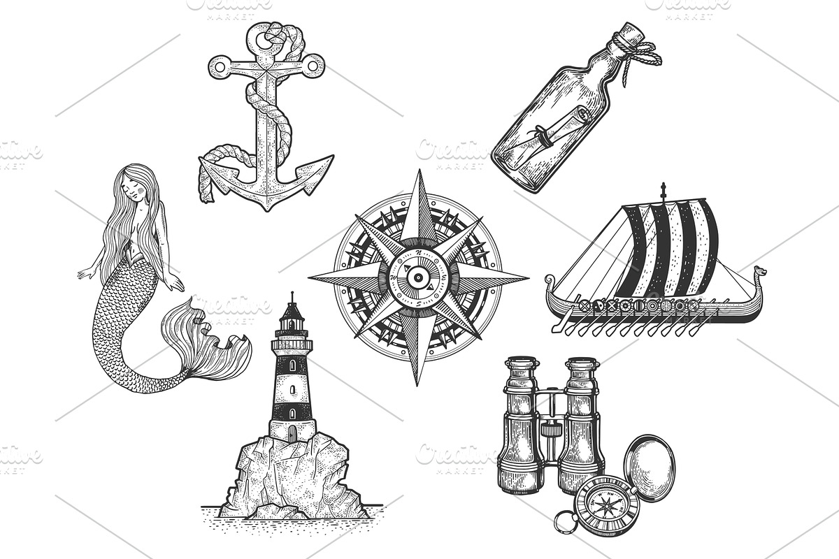 Sea set sketch vector illustration, an Object Illustration by AlexArt