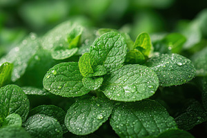 Fresh mint leaves glistening with wa, a Photo by Tanuart