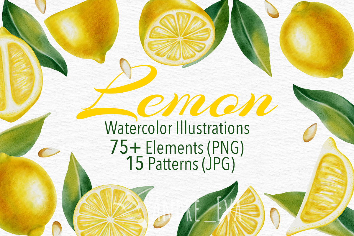 Lemon — Watercolor Illustration Set, a Food Illustration by Andre_Eva (Photo 1 of 12)