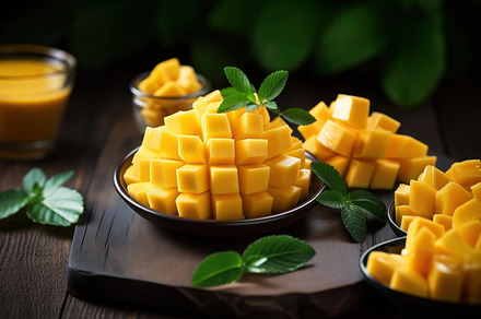 Mango cubes with fresh juice in a bowl, selective focus., a Photo by AS photostudio