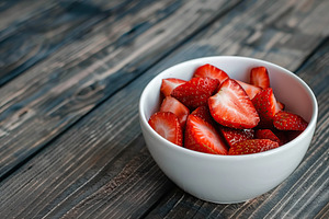 Pieces of strawberries in bowl on wooden table, a Food & Drink Photo by AlyaAnd