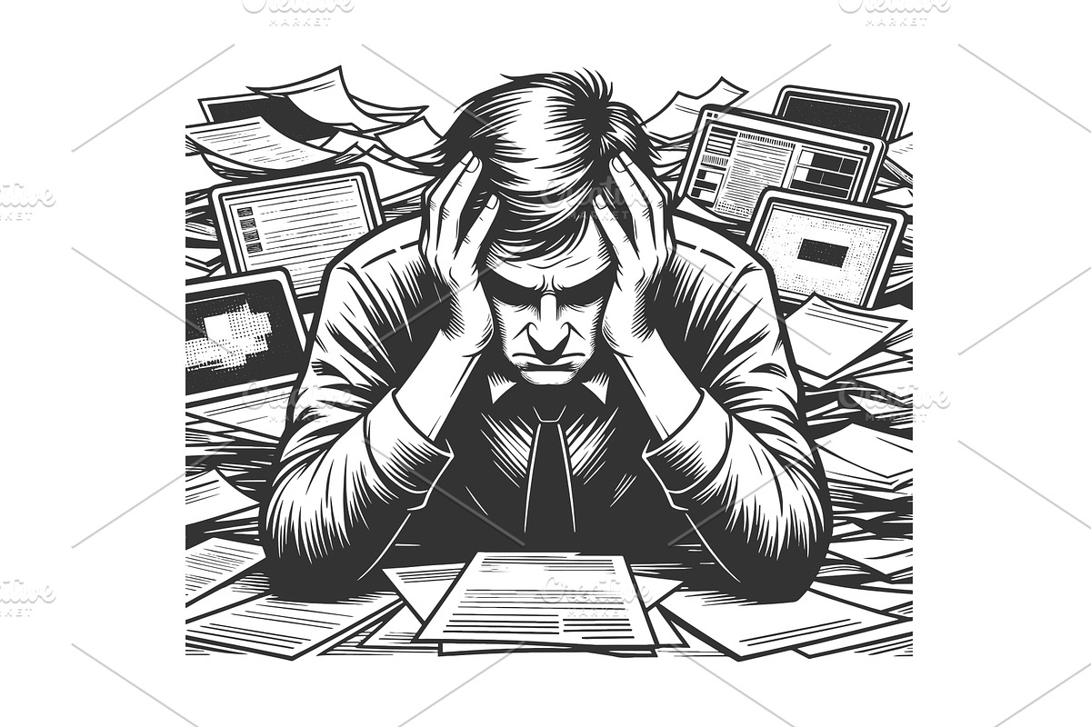 Overworked Man Stressed by Papers, a Person Illustration by AlexArt