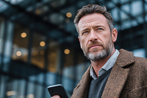 Mature man using smartphone outside, a Photo by Pixeness Studio