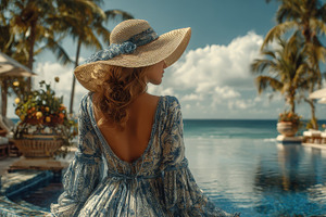 Woman in elegant dress by resort poo, a Photo by Pixeness Studio