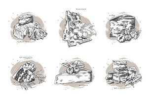 Vector sketch set of cheeses with, a Food Illustration by Sabelskaya