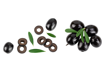 Black olives with leaves isolated on