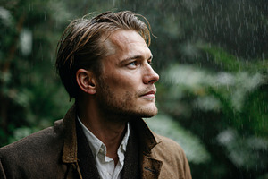 Man stands in rain, contemplating life in lush forest setting, a Person Photo by OSORIOartist