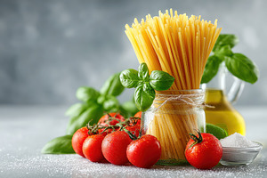 Fresh ingredients for Italian pasta dish, a Food & Drink Photo by AlyaAnd
