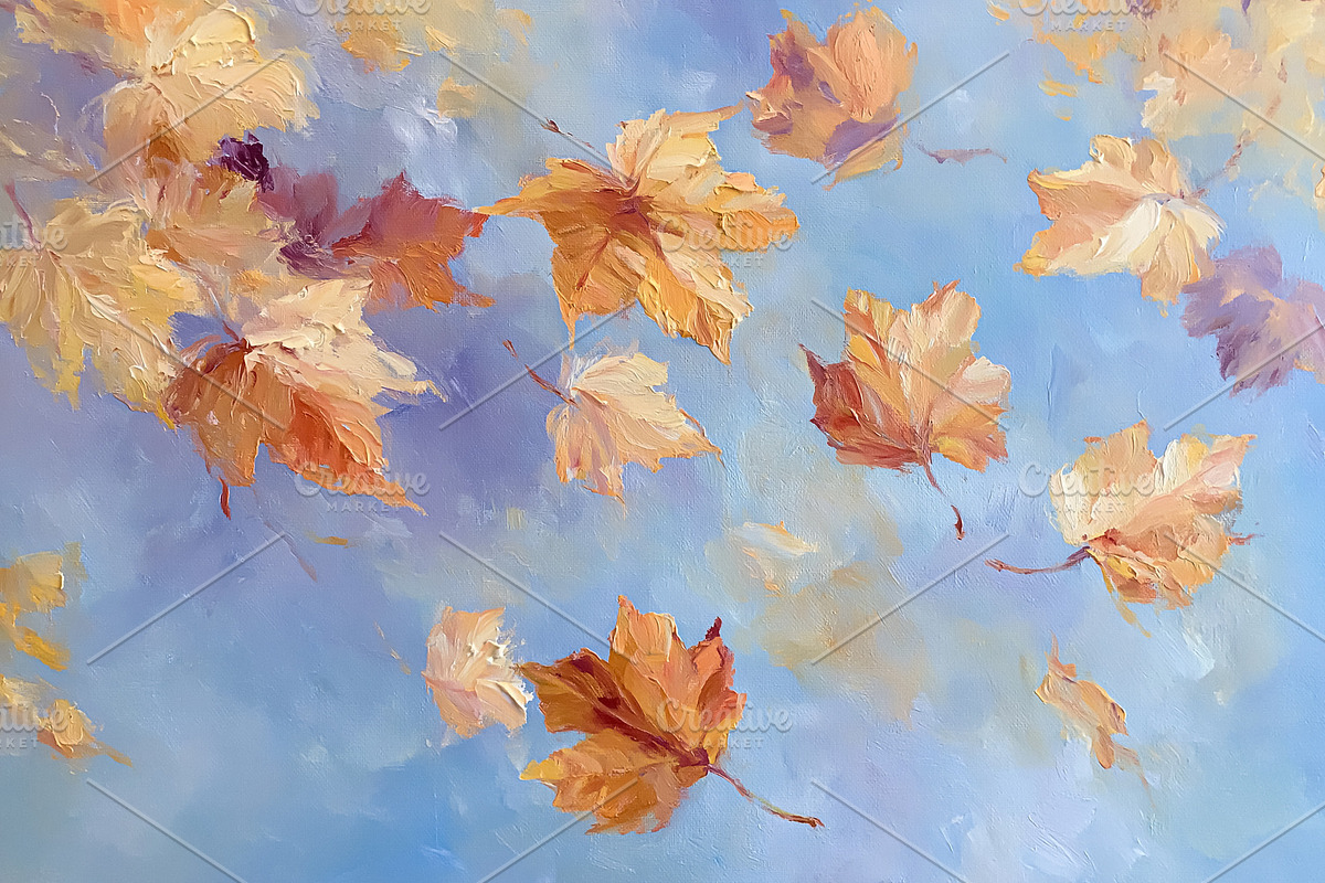Autumn leaves falling against a blue sky, oil painting capturing, a Decorative Illustration by Studio ANNA