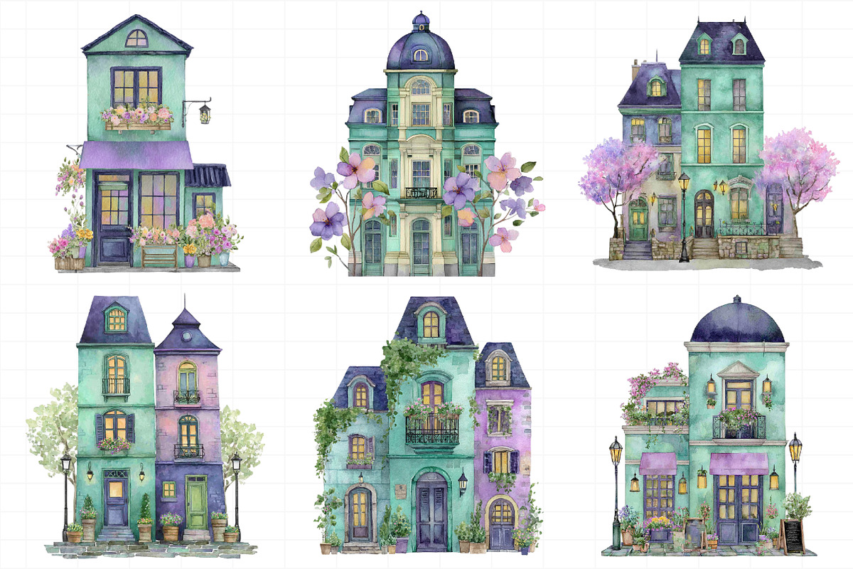 Parisian Spring Houses Watercolor Se, an Illustration by Daily.Designs (Photo 4 of 8)
