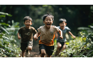 Three joyful Asian boys are running, a Nature Photo by Sergey Kotenev