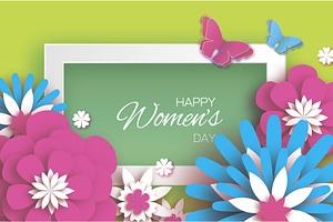 Pink Blue Happy Women S Mother S Day. 8 March. Floral Greeting Card. Paper Cut Flowers, Butterfly. Origami Flower. Rectangle Frame. Text. Spring Bloss