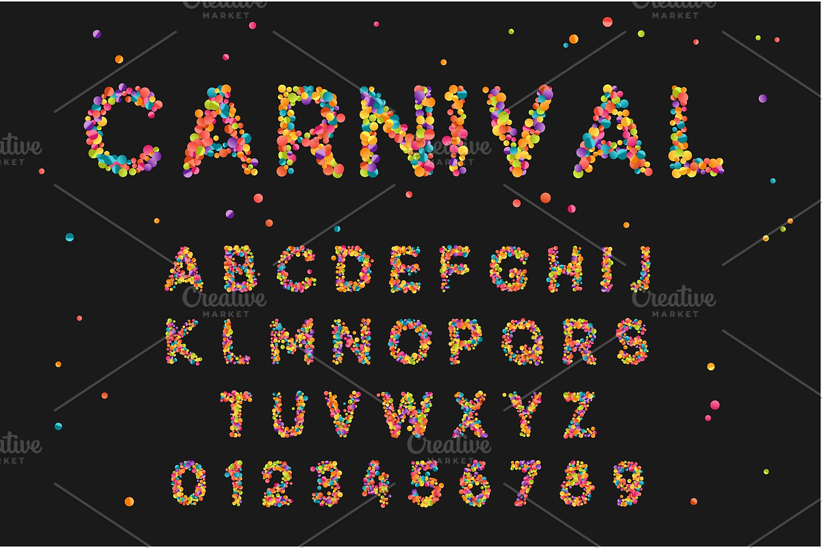 Font alphabet of colored confetti.