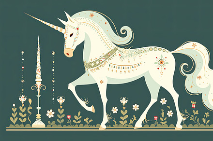 Elegant unicorn illustration with flowers and ornate decorations, an Illustration by AS photostudio