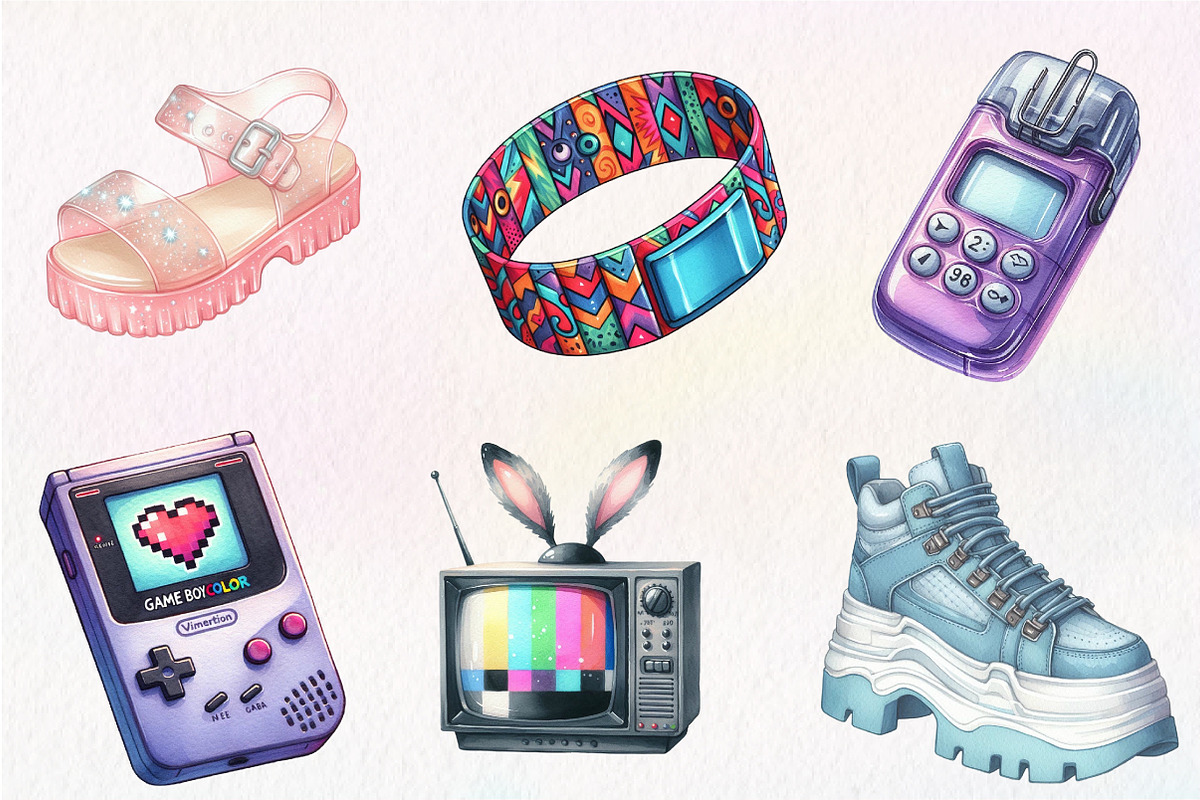 Watercolor Nostalgic 90s Clipart, an Illustration by CreationArt (Photo 3 of 4)