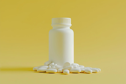 Medicine pills and white plastic bottle on yellow background, a Health & Medical Photo by AlyaAnd