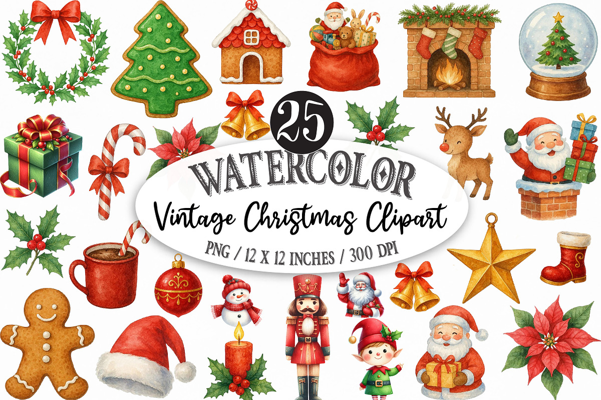 Vintage Christmas Watercolor Clipart, an Illustration by Designking (Photo 1 of 5)