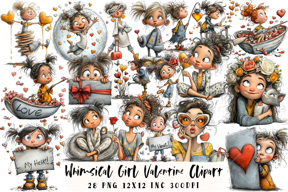 Whimsical Girl Valentine Clipart, an Illustration by OK Design (Photo 1 of 6)