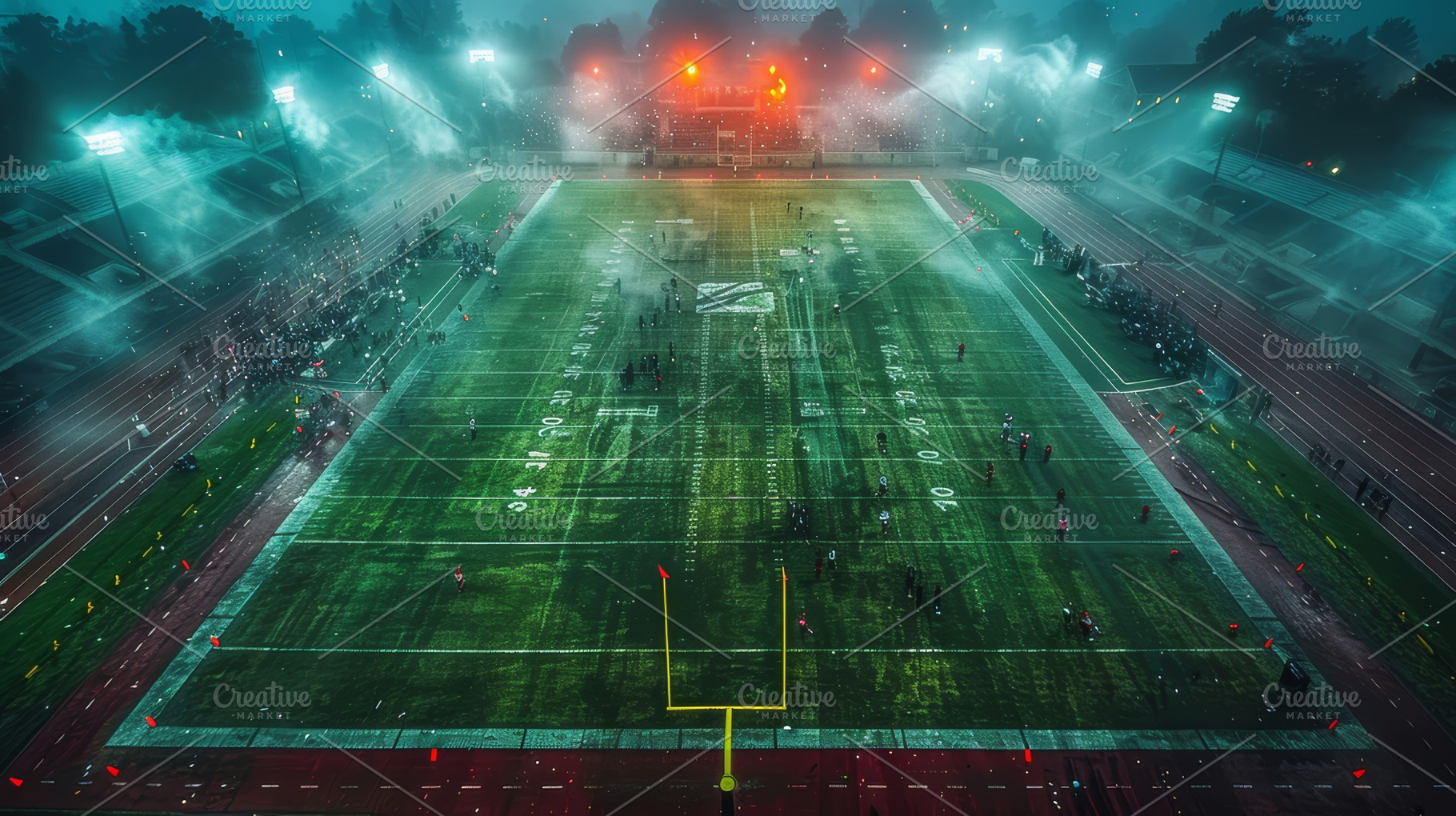 Aerial View of American Football Stadium at Night with Lights and Fog, a Photo by AS photostudio