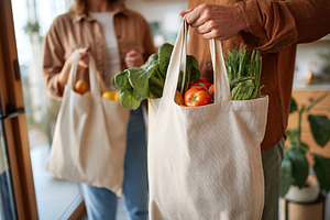 Receiving grocery delivery from a courier at home during daylight hours with fr, a Food & Drink Photo by AlyaAnd