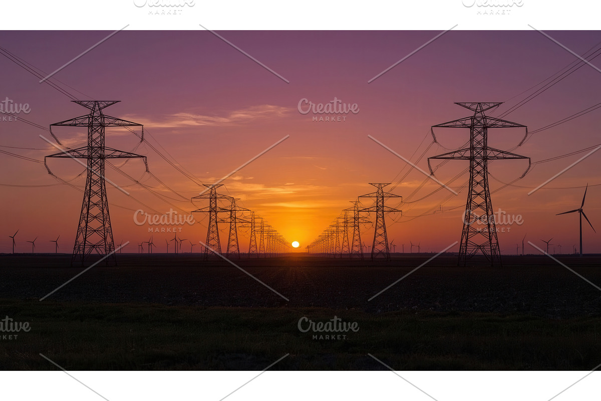 Sunset view of power lines and wind, an Illustration by tilialucida