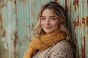 Smiling woman with wavy hair poses a, a Photo by Tanuart