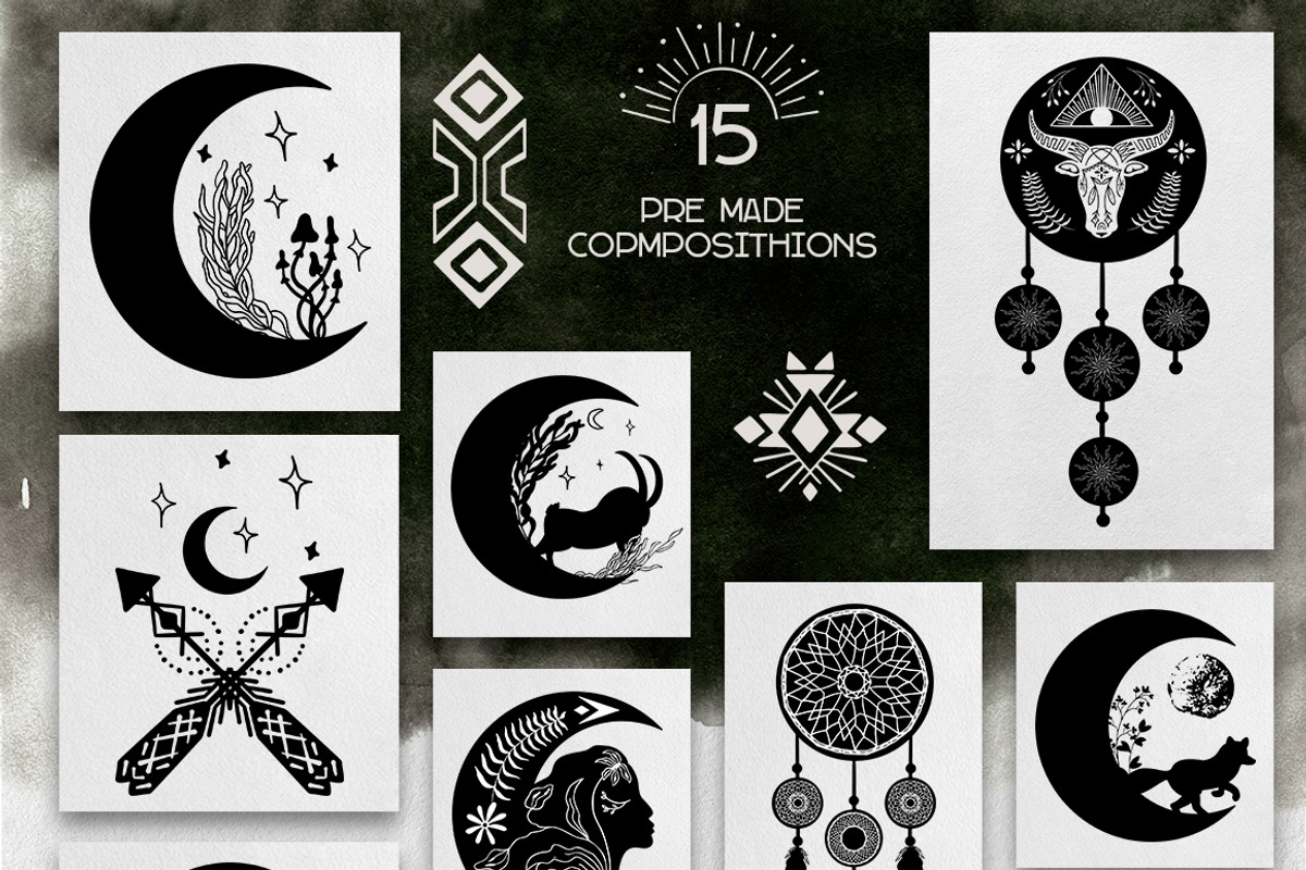 Mystical linocut boho. Celestial set, a Background Graphic by KomannaArt (Photo 5 of 12)