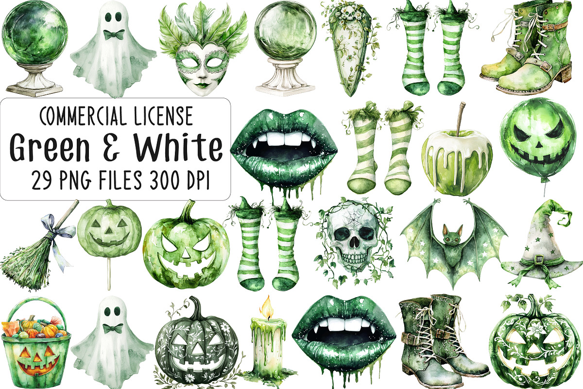 Green & White Halloween Clipart, an Illustration by CraftArtStudio (Photo 1 of 6)