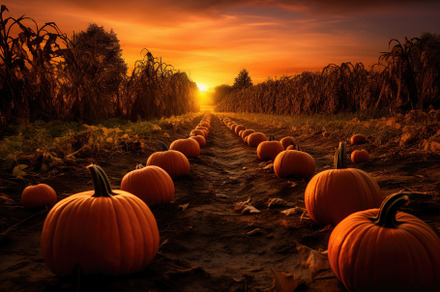 Pumpkin field at sunset in autumn. A, a Photo by Iftikhar Alam