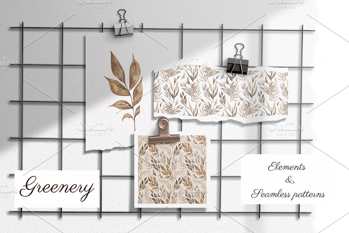 Watercolor Greenery Patterns, a Pattern Graphic by MayaNavits (Photo 2 of 11)