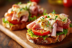 Delicious ham sandwich layers on fresh bread with tomatoes and cheese garnished, a Food & Drink Photo by AlyaAnd