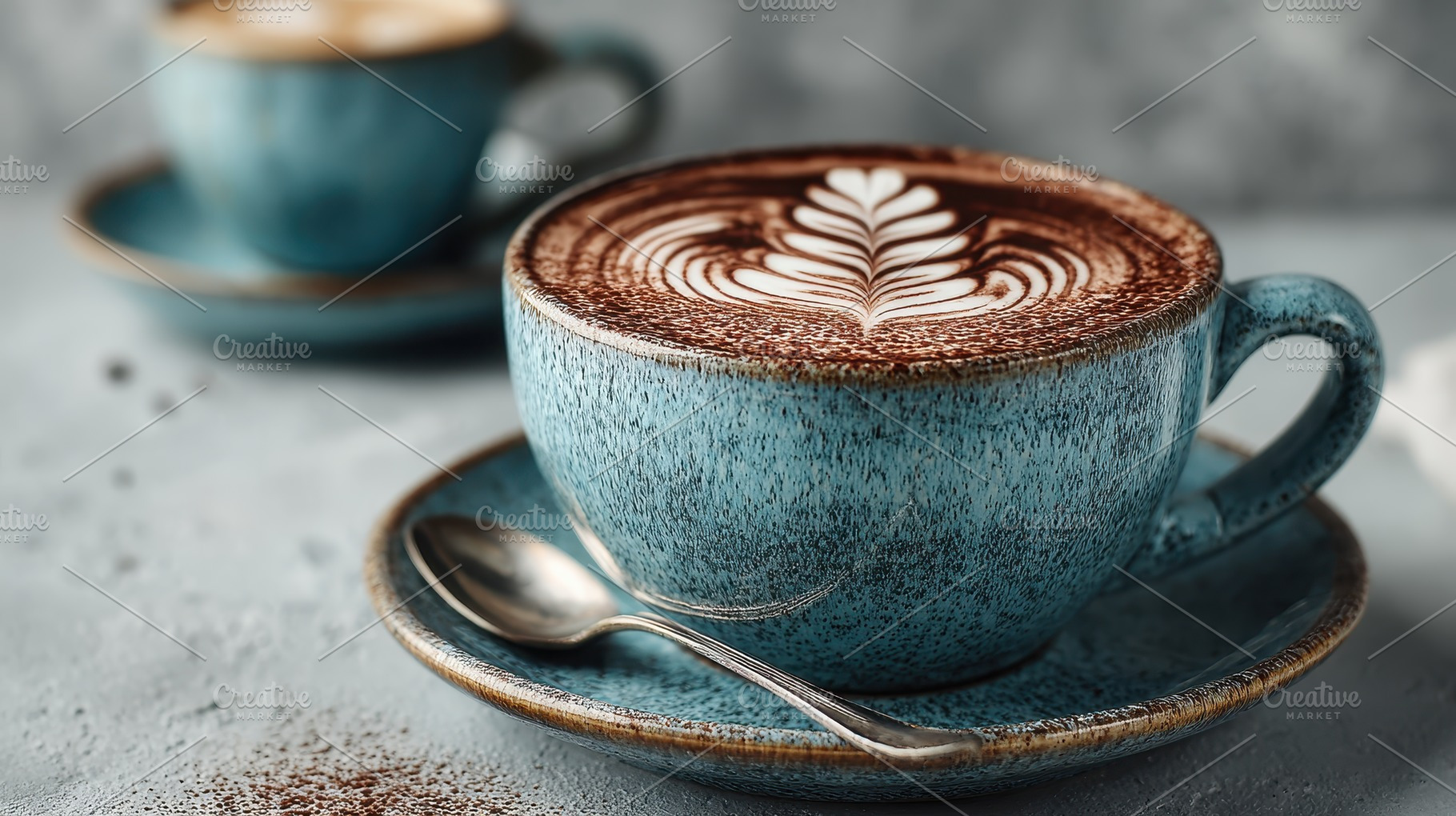 Delicious Latte Art in Teal Mug Coff, a Photo by Pixeness Studio