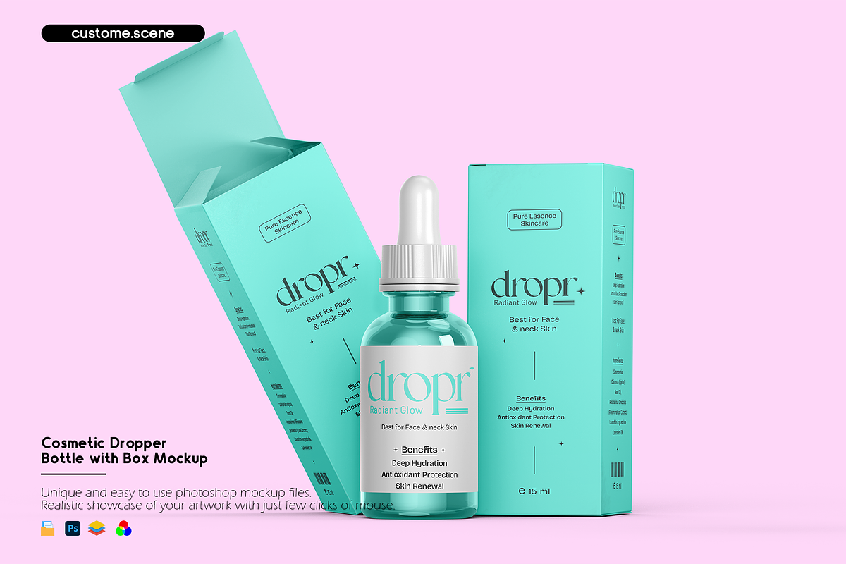 Cosmetic Dropper Bottle Box Mockup, a Packaging Mockup by Custom.scene (Photo 1 of 2)