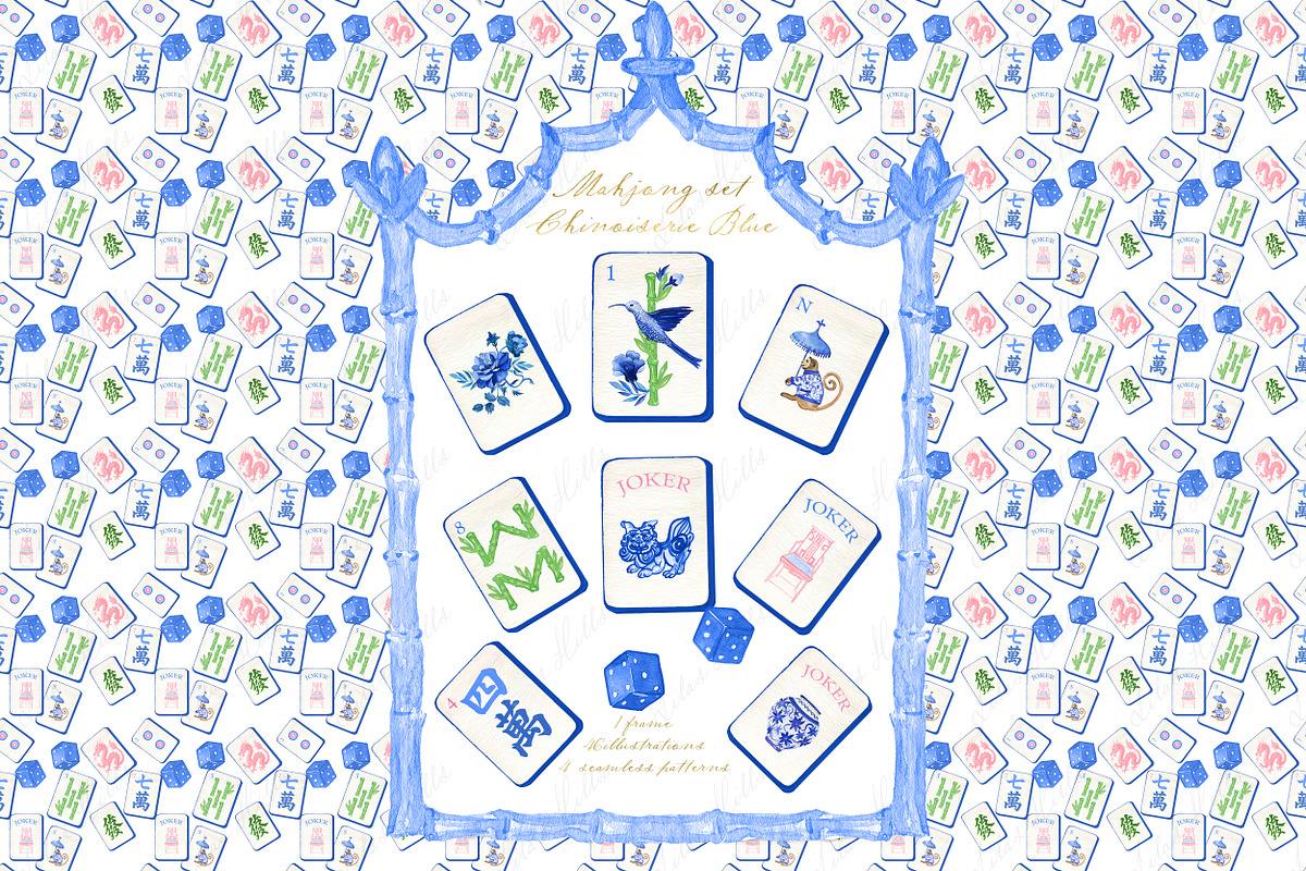 Mahjong Set Chinoiserie Blue, a Graphic by LABFcreations (Photo 1 of 4)