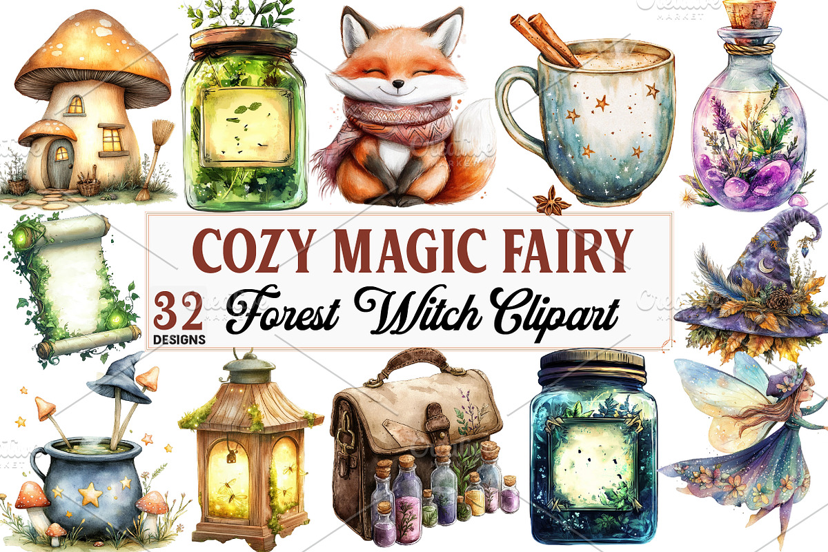 Cozy Magic Fairy Forest Witch png, an Illustration by Watercolor design (Photo 1 of 5)