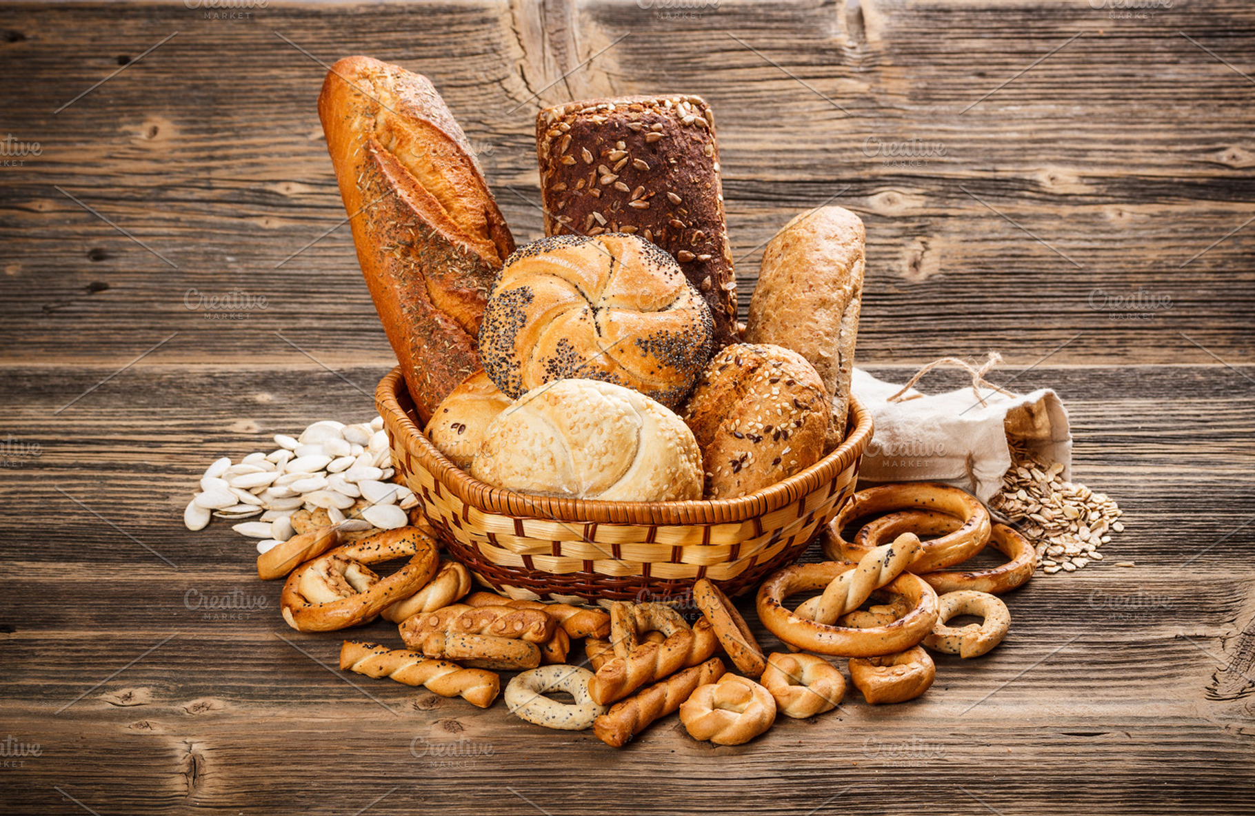 Bread and rolls featuring assortment, background, and baguette