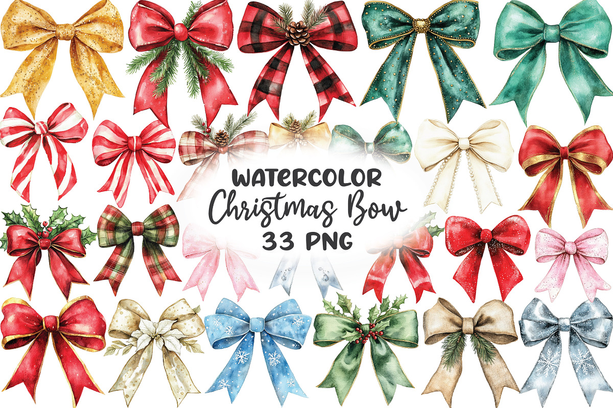 Watercolor Christmas Bow Clipart, an Illustration by CraftArtStudio (Photo 1 of 5)