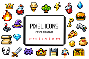 Pixel Game Icons Set 8bit, an Object Illustration by Bielousova Art