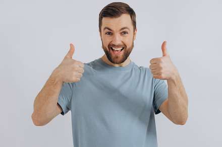 Portrait of a modern bearded middle-aged man in a blue t-shirt s, a Person Photo by Cherkas Photography