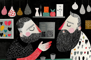 Two men in a restaurant drink shots, a Person Illustration by Sybillla